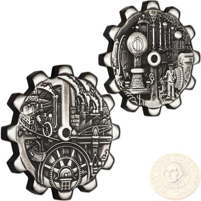 Tuvalu EVOLUTION OF INDUSTRY 2-COIN Silver Set Gear-shaped $2 Antique finish 2018 Rotating Mechanism 2 oz